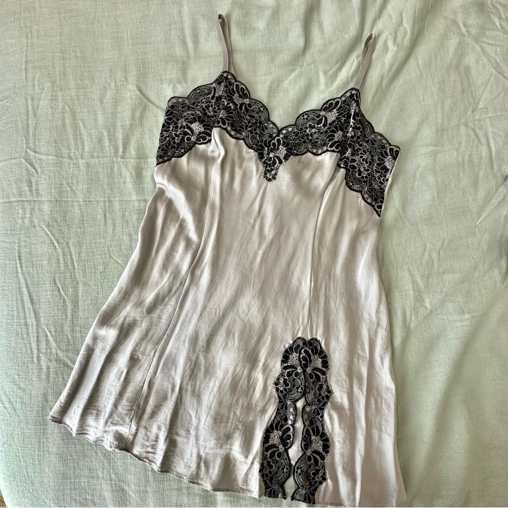 Vintage Victoria’s Secret Silk Silver Nightie with Black Lace